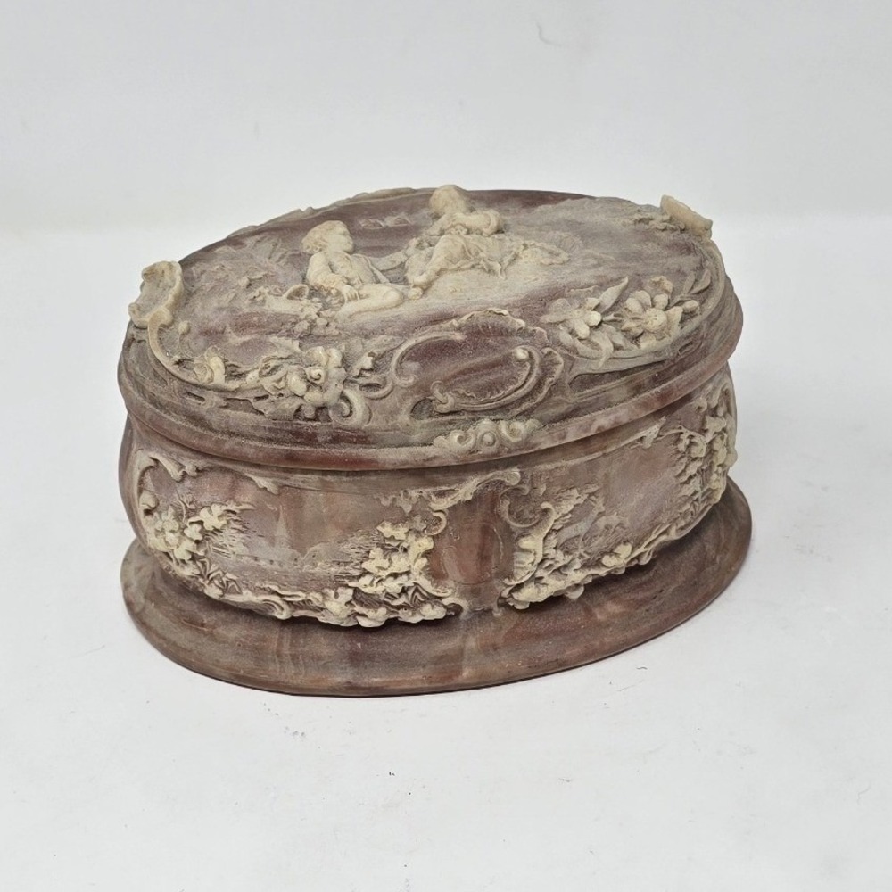 Vtg Incolay oval trinket box pink Cherub relief jewelry case Victorian scene
